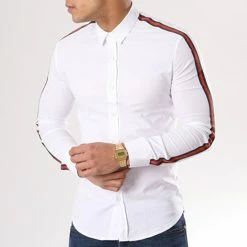 Offres 🔔 Chemise Slim Fit Manches Longues Avec Bandes F116 Blanc de Ikao 🤩