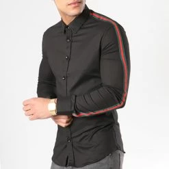 Tout neuf 😀 Chemise Manches Longues Avec Bandes F116 Noir de Ikao 👍