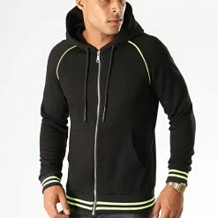 De gros ⌛ Sweat Zippé Capuche F660 Noir Jaune Fluo de Ikao ✔️