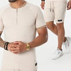 Meilleure affaire ✨ Ensemble Short Tee 👚 Shirt A Carreaux LL468 Beige Blanc de Ikao 🤩