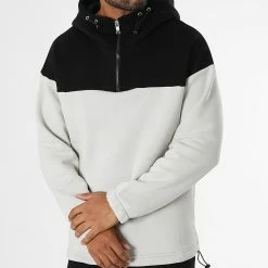 Remise 👏 Sweat Col Zippé Capuche LL486 Gris Clair Noir de Ikao ❤️