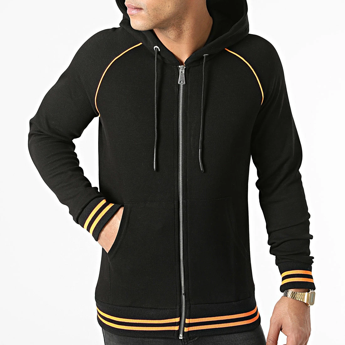 Promo 😀 Sweat Zippé Capuche F660 Noir Orange Fluo de Ikao 👍 5 Promo 😀 Sweat Zippé Capuche F660 Noir Orange Fluo de Ikao 👍 – Image 3