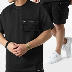 Meilleur prix 🔥 Ensemble Tee 👚 Shirt Et Short Cargo LL605 Noir de Ikao 👍