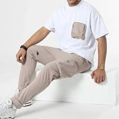 Nouveau 😀 Ensemble Tee 👕 Shirt Et Jogger Pant LL601 Beige Blanc de Ikao 🎁