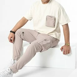 Promo ❤️ Ensemble Tee 👕 Shirt Et Jogger Pant LL601 Beige de Ikao 😍