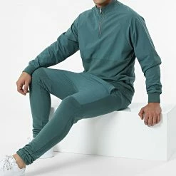 Le moins cher 😉 Ensemble Sweat A Col Zippé Et Pantalon Jogging LL497 Vert Bleu de Ikao 🔔