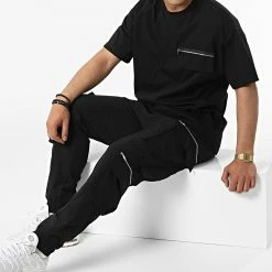 Meilleure affaire 😀 Ensemble Tee 👕 Shirt A Poche Poitrine Et Jogger Pant LL655 Noir de Ikao 🛒