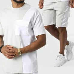 Budget 🤩 Ensemble Tee 👚 Shirt Oversize Large Et Short Jogging LL641 Blanc Gris de Ikao 🧨