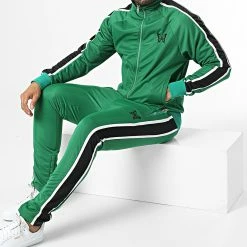 Nouveau 😉 Ensemble De Survetement A Bandes LL722 Vert de Ikao ❤️