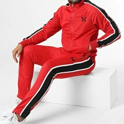 Promo 👍 Ensemble De Survetement A Bandes LL722 Rouge de Ikao 🎁